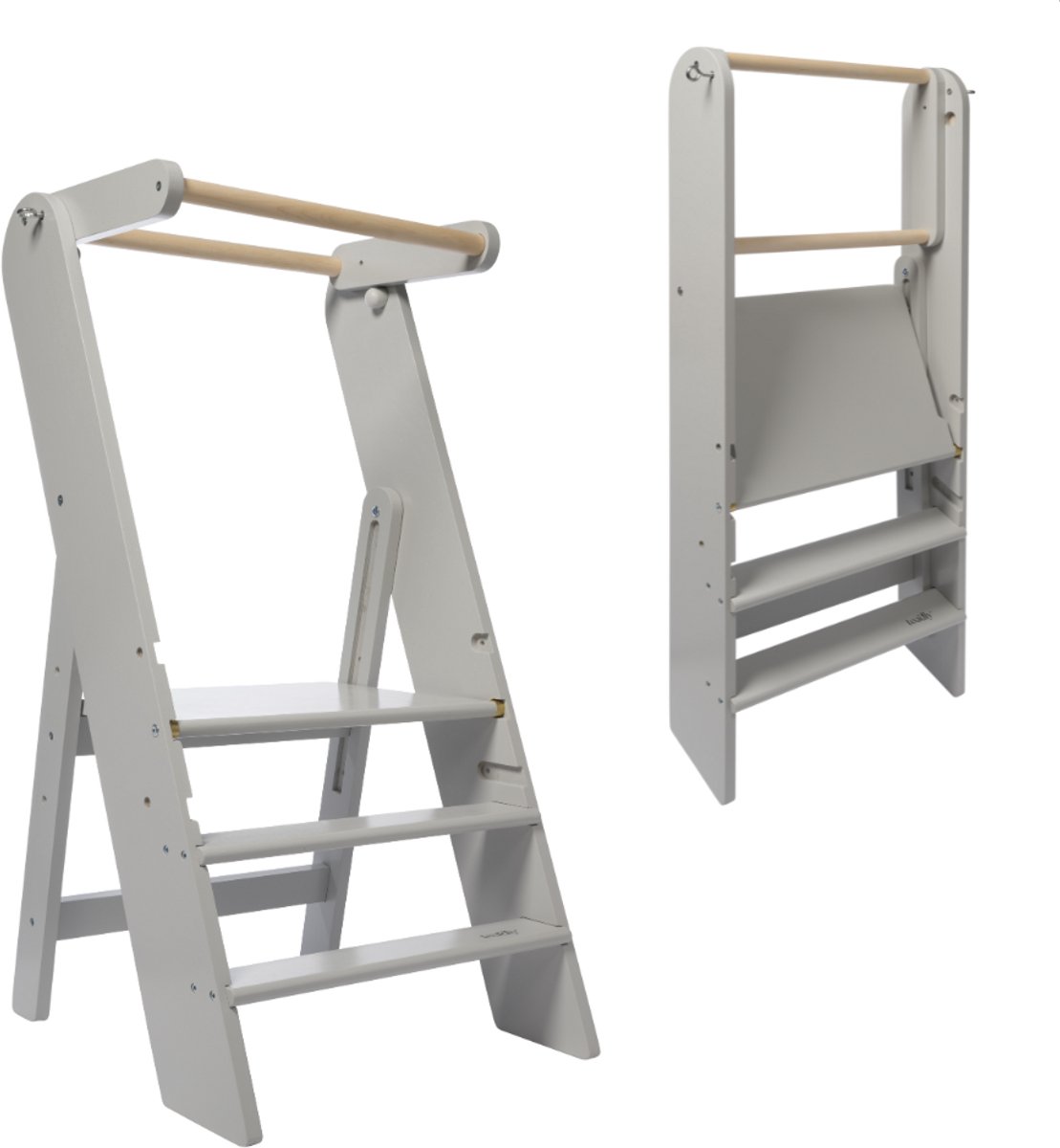 Toadly® Leertoren Maese - Houten Opstapje voor Kinderen - Leertoren Opbouwbaar - Veilig & Duurzaam - Licht Grijs
