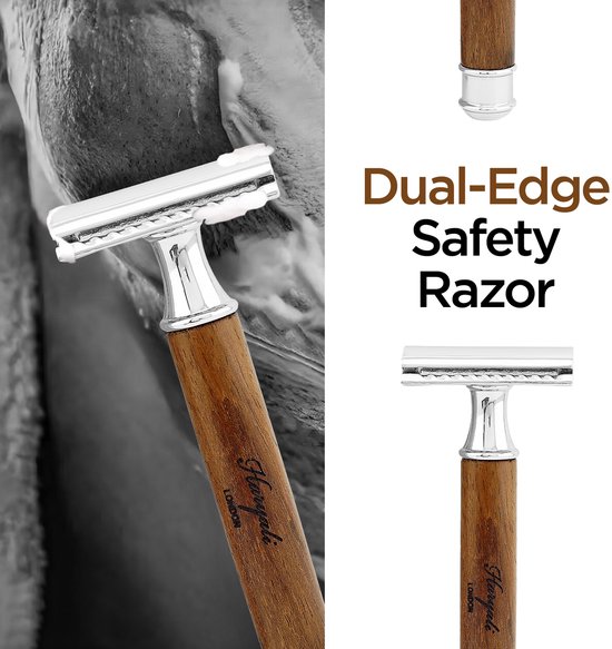 Haryali London Doppelschneide-Sicherheitsrasierer – Stabiler Griff – Metall- und Stahl- Finish – Wiederverwendbarer Sicherheitsrasierer – für Damen und Herren geeignet (Holz)