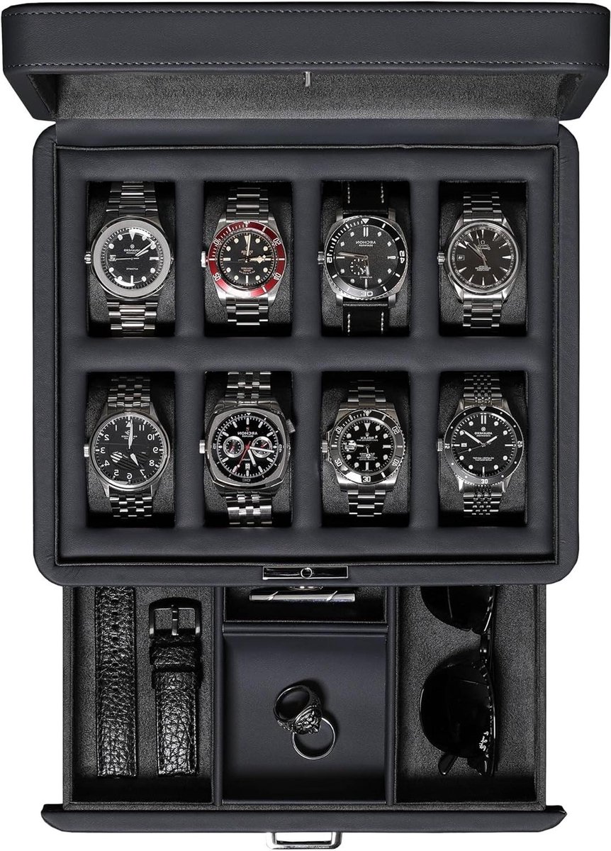 Luxe horlogedoos voor 8 horloges van kunstleer met echt glazen deksel en schuiflade voor accessoires (carbon)