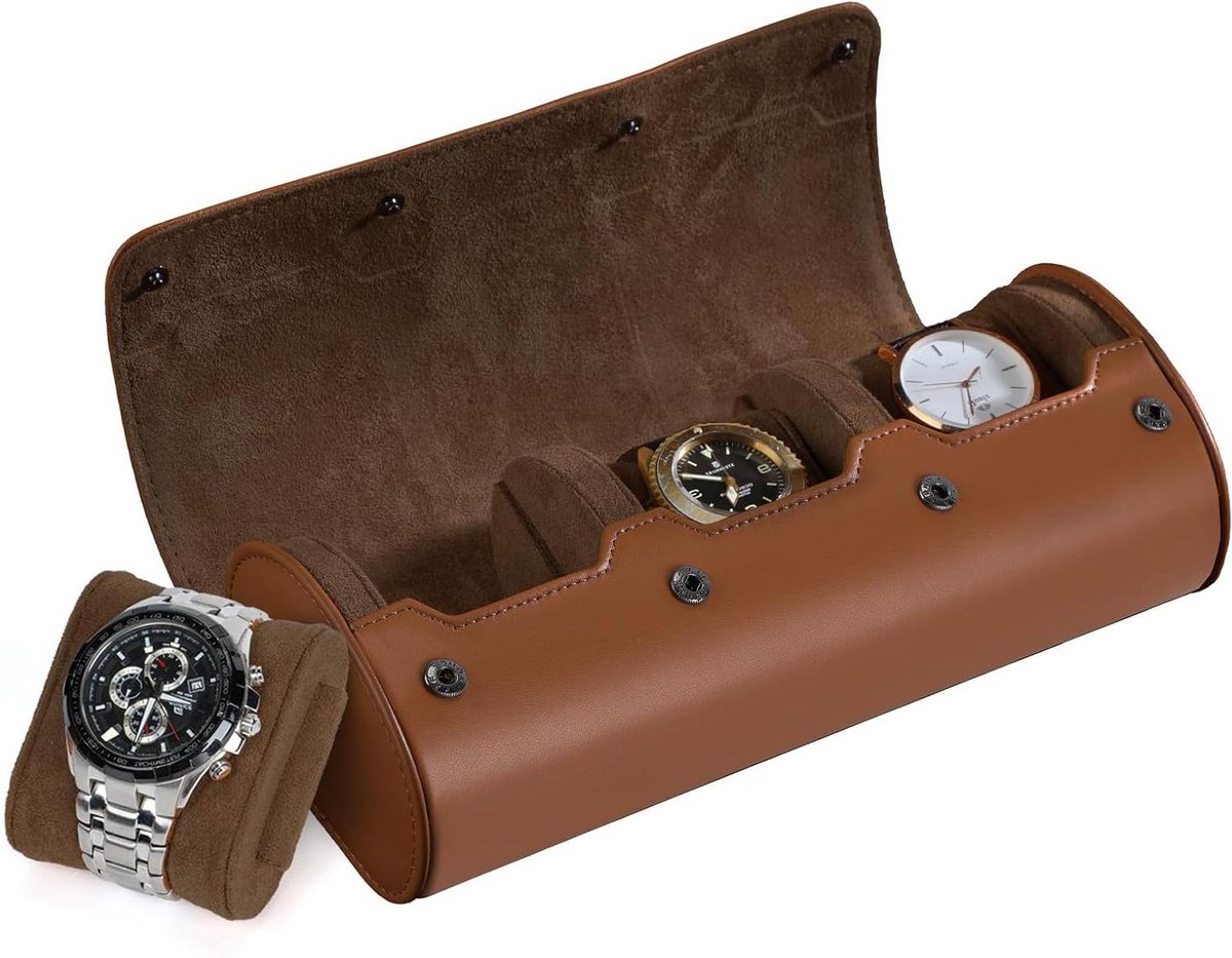 Horloge-rolbox voor 3 horloges - Donkerbruin leer