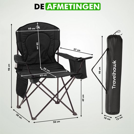 Travelhawk Campingstoel XL - Opvouwbaar - Comfortabele Vouwstoel - 158 kg draagvermogen - Drankhouder - Koelvak - Visstoel - Klapstoel - Zwart van Travelhawk — afbeelding 5