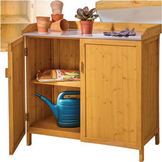 tectake - Plantentafel met Houten Onderkast | 98 x 48 x 95 cm | Tuinkast met Gegalvaniseerd Werkblad | Tuinkast met 2 Planken