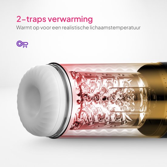 Close-up van het witte mondstuk van een zwarte masturbator, met interne roze en rode gloed die verwarming aanduidt.