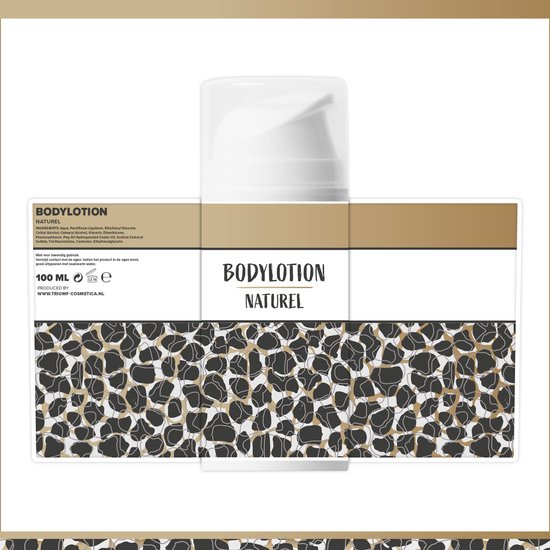 Lichtgele bodylotion naturel in een doorzichtige fles met gouden, drukvormige dop.