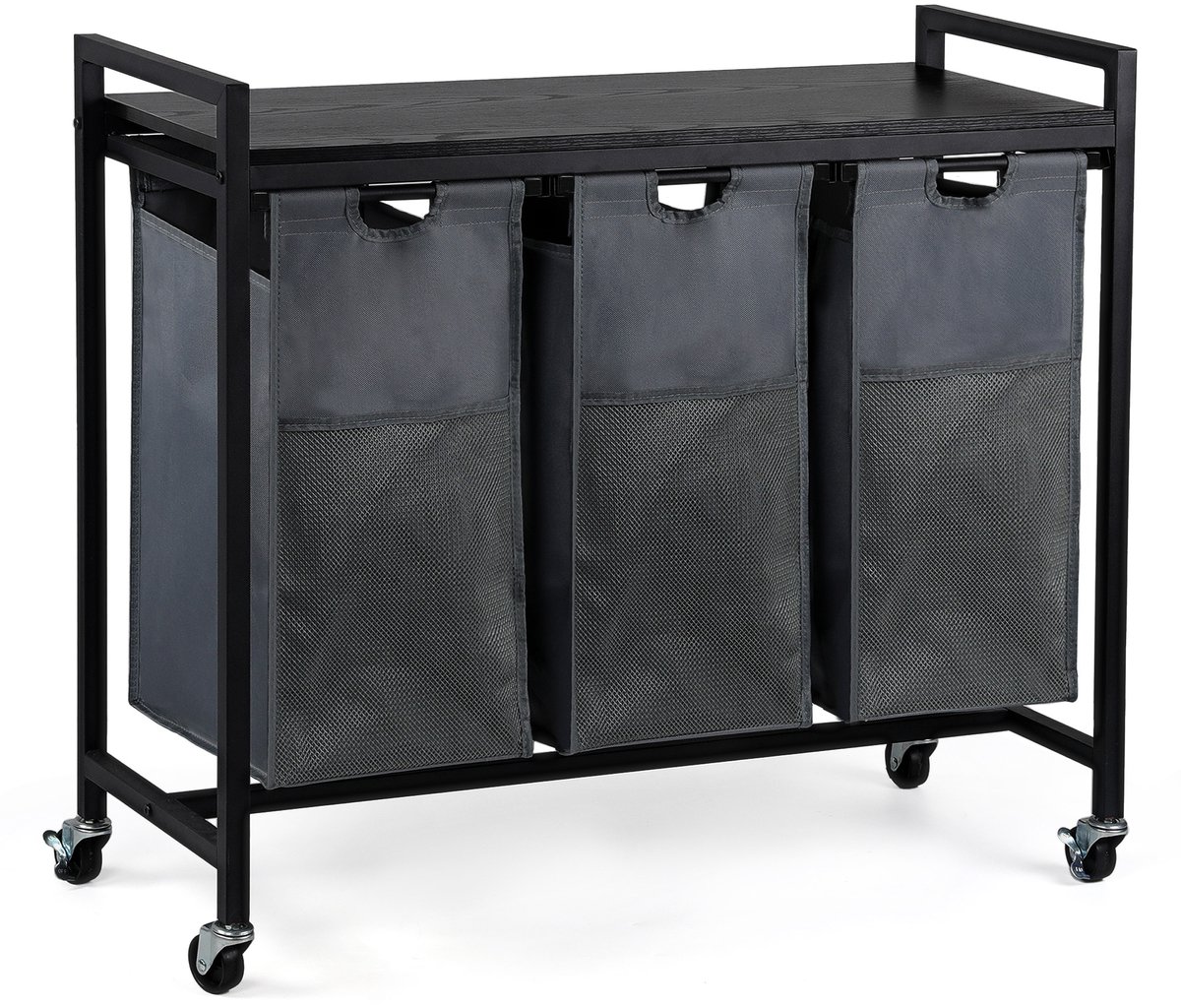 CALIYO Wasmand 3 Vakken - Wassorteerder - Uitschuifbaar - Eenvoudige Montage - 84 x 33 x 75 cm - 117L Capaciteit - 3 Zakken - Bruin Hout - Zwart Metaal - Wasmanden - Wasbox