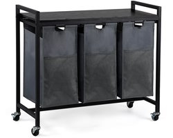 CALIYO Wasmand 3 Vakken - Wassorteerder - Uitschuifbaar - Eenvoudige Montage - 84 x 33 x 75 cm - 117L Capaciteit - 3 Zakken - Bruin Hout - Zwart Metaal - Wasmanden - Wasbox