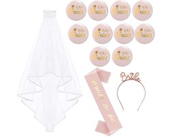 Joya Party® Bride to be Vrijgezellen Feest Button Set | Vrijgezellenfeest Pakket met Tiara Sluier Sjerp en set van 10 Buttons | Team Bride Buttonset | Roze Bruiloft Bruid Vriendinnen Feestset