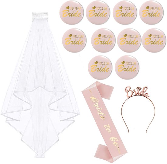 Joya Party® Bride to be Vrijgezellen Feest Button Set | Vrijgezellenfeest Pakket met Tiara Sluier Sjerp en set van 10 Buttons | Team Bride Buttonset | Roze Bruiloft Bruid Vriendinnen Feestset