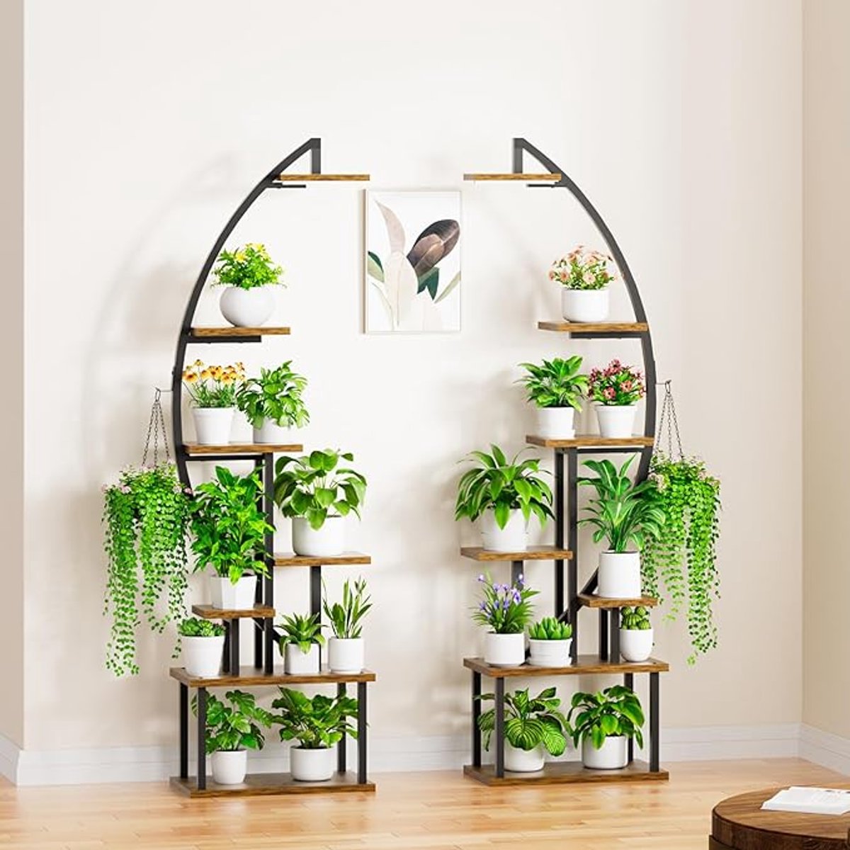 Famanu - Hoge plantenstandaard voor binnen met groeilicht, 7 gelaagd metaal voor planten, meervoudig, grote displayplank, halve maanvormige rek, woonkamer, terras, balkon