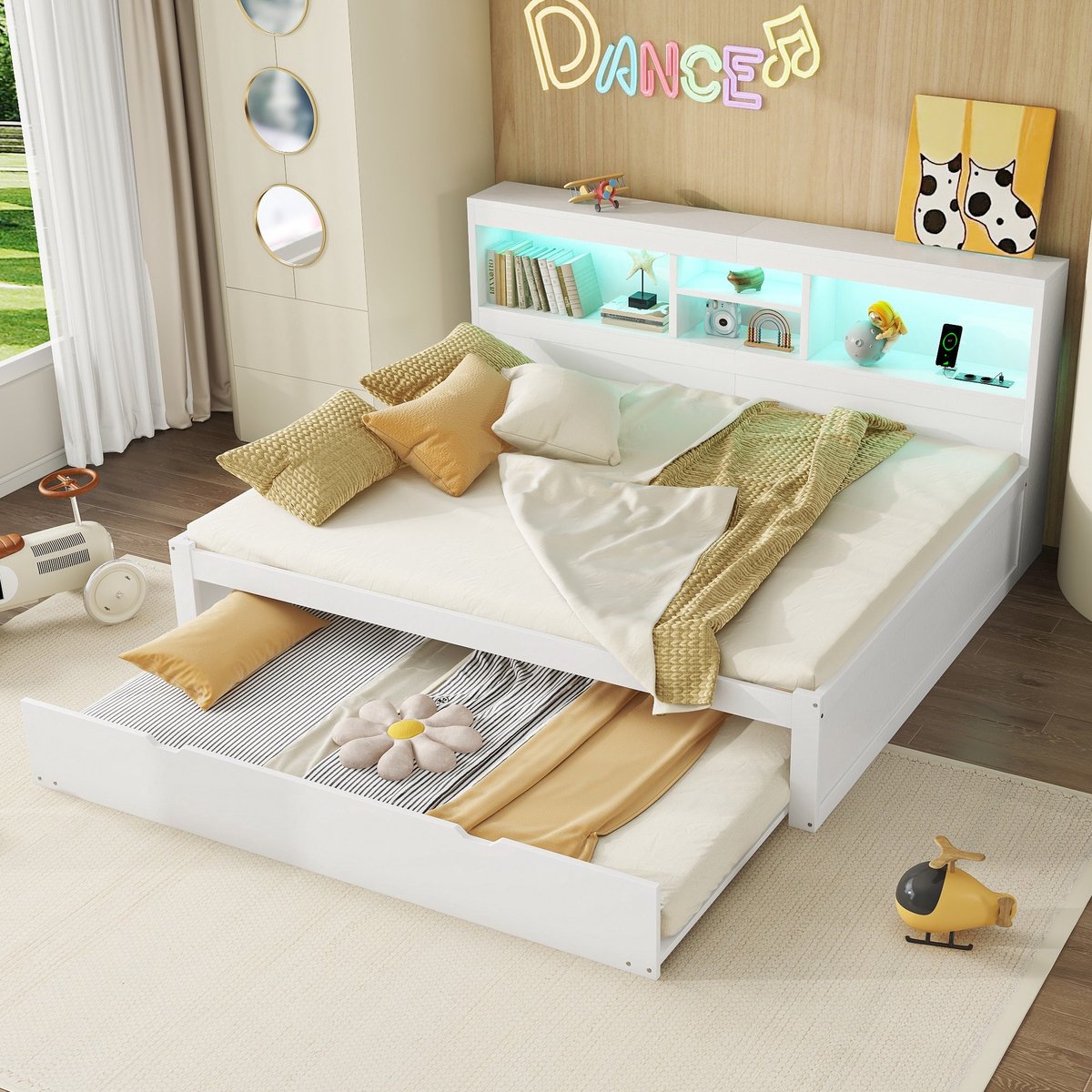 Sweiko Slaapbank - 140*200cm - met LED verlichting - opbergvak - met Uitschuifbaar bed - USB aansluiting - Zonder matras - Wit