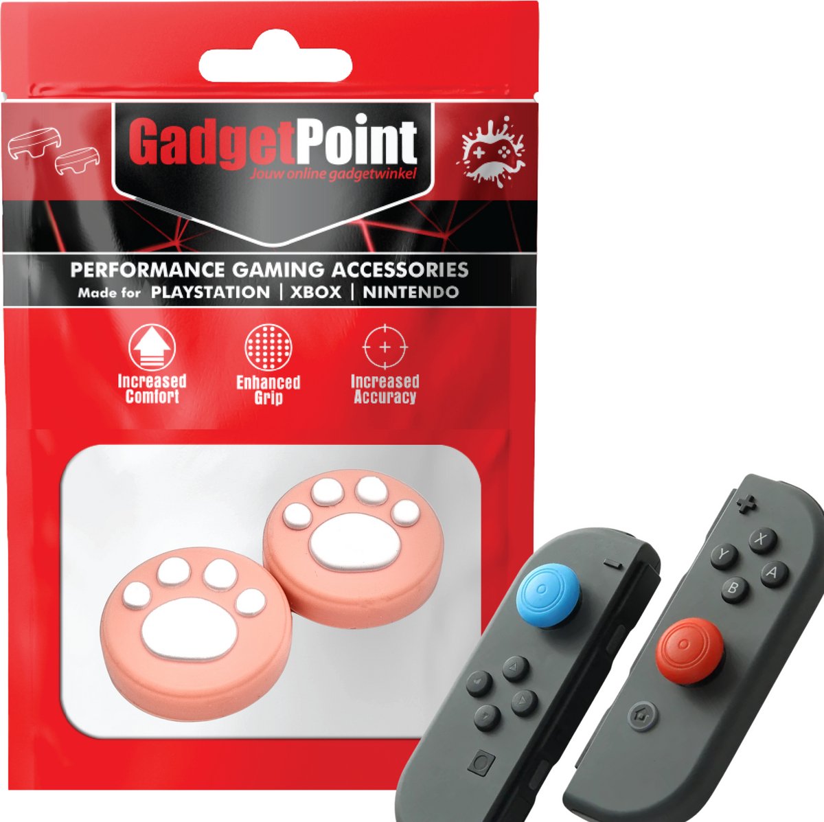 Gadgetpoint | Gaming Thumb Grips | Performance Thumbsticks | Accessoires geschikt voor Nintendo Switch Joy-Con Controller(s) | Thumbgrips | Pootjes - Roze met Wit