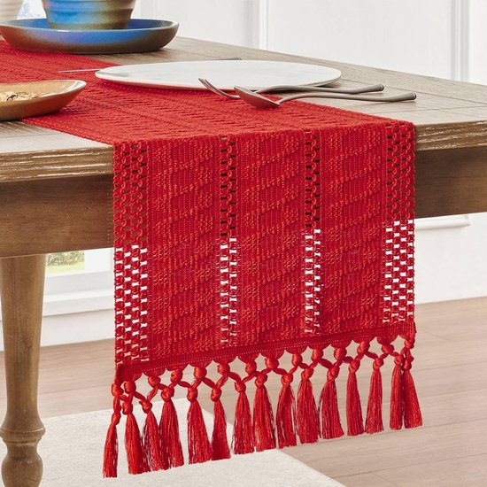 Encasa Homes Opengewerkte tafelloper van puur katoen voor 8-zits (32 x 230 cm) - Decoratieve stof voor feestjes, thuis, cafés, restaurants, hotels, rood