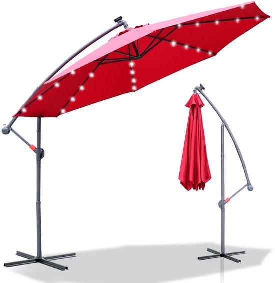 Parasol sur pied 300 cm - Protection solaire pour balcons, jardins et terrasses - Grand parasol déporté à manivelle - Structure robuste - Avec LED - Rouge