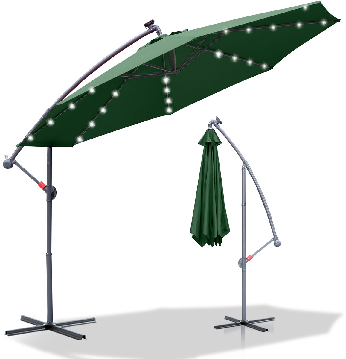 Grote groene zweefparasol van 300 cm met LED-verlichting en zwengelsysteem voor balkons, tuinen en terrassen.