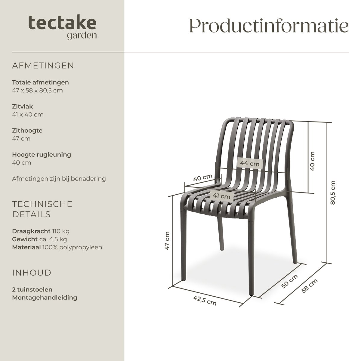 tectake® Set van 2 Tuinstoelen Alcudia - Antraciet - Kunststof Stoelen - Stapelbaar - Stoelen voor Tuin, Terras of Balkon - Weerbestendig en UV-bestendig - Draagkracht 120kg per Tuinstoel – foto 4