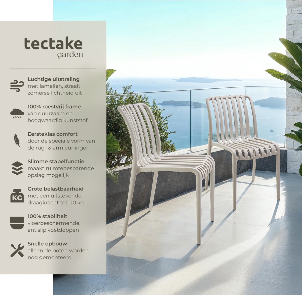 tectake® Set van 4 Tuinstoelen Alcudia - Taupe - Kunststof Stoelen- Stapelbaar - Stoelen voor Tuin, Terras of Balkon - Weerbestendig en UV-bestendig - Draagkracht 120kg per Tuinstoel – foto 7