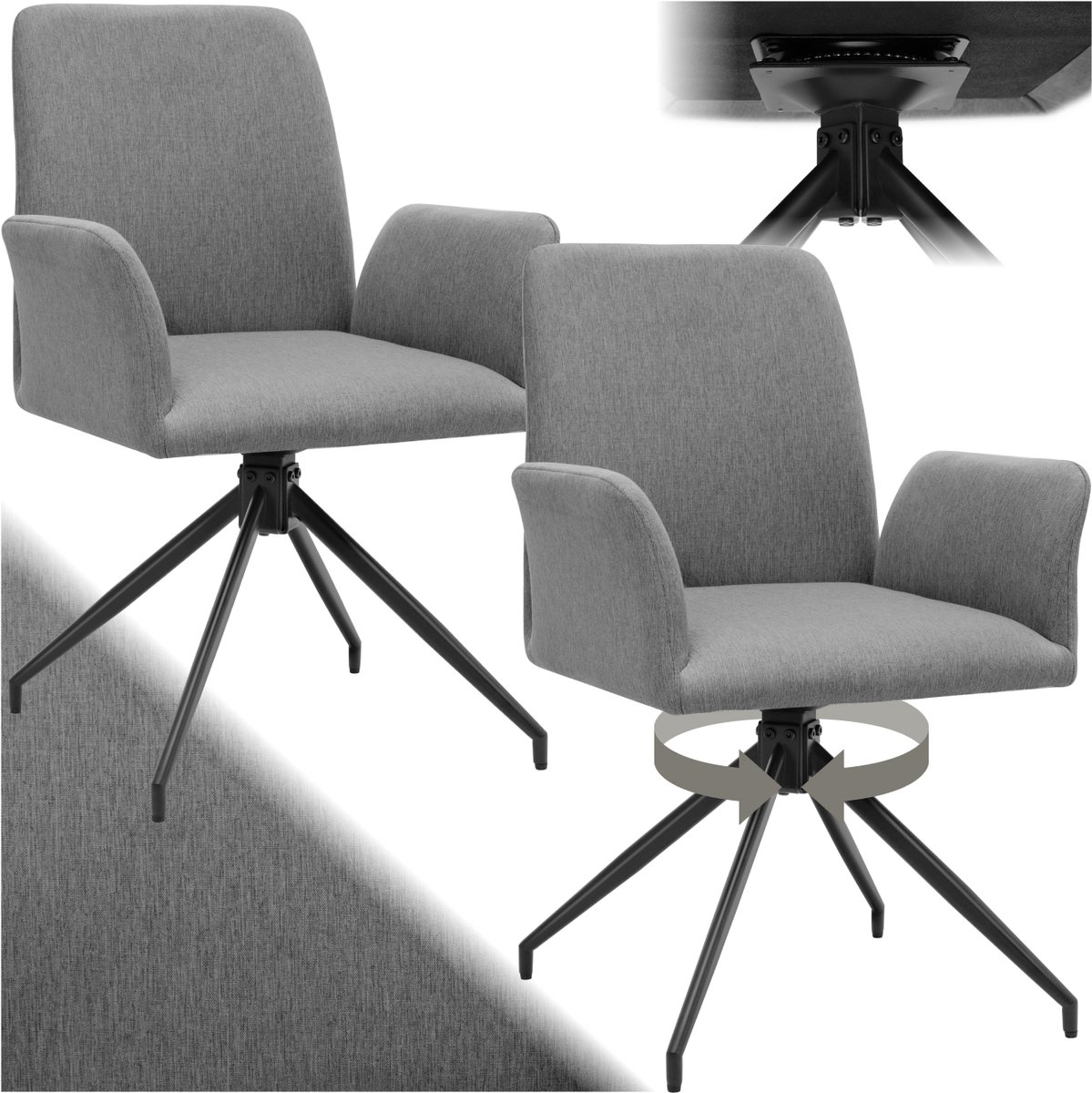 Tectake Draaistoel Daya - Set van 2 Draaifauteuils met Armleuning - 360° Draaibare Eetkamerstoel - Draaibare Fauteuils - Gestoffeerd - Draagkracht 150kg - Antraciet