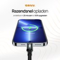 Un câble USB-C noir Drivv connecté à un smartphone avec une icône de batterie chargée à 75%.