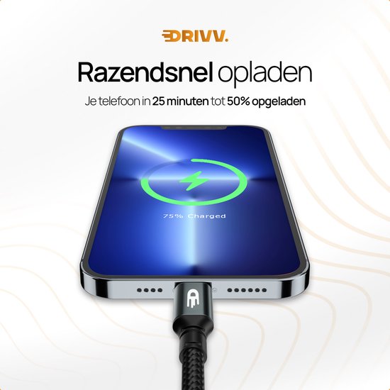 Un câble USB-C noir Drivv connecté à un smartphone avec une icône de batterie chargée à 75%.