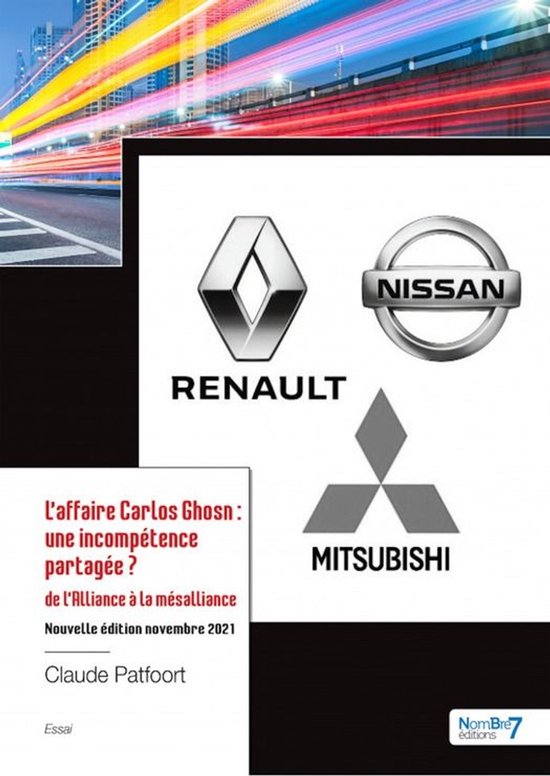 Couverture du livre 'L'affaire Carlos Ghosn : une incompétence partagée ?' avec les logos de Renault, Nissan et Mitsubishi.