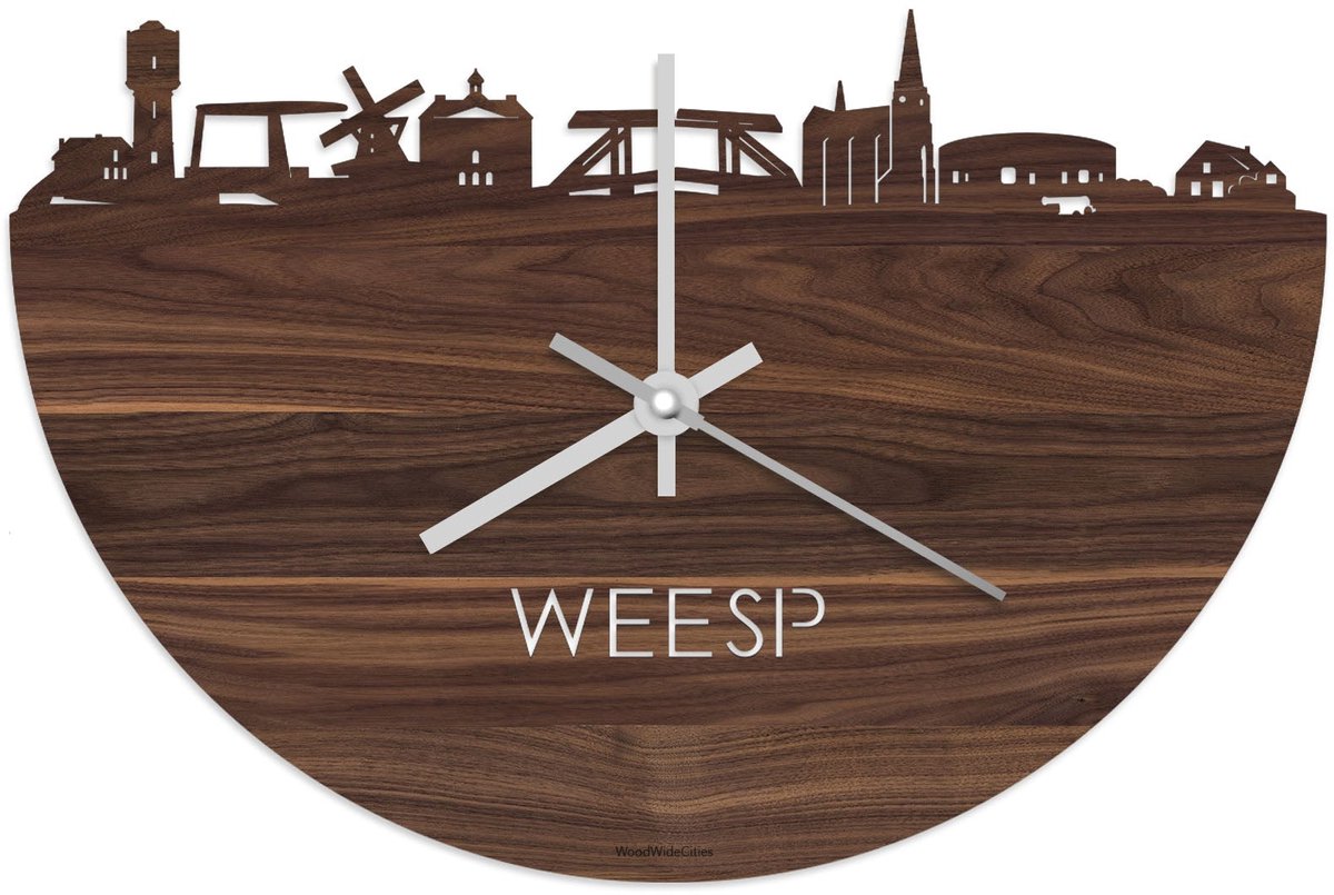Skyline Klok Weesp Notenhout - Ø 40 cm - Stil uurwerk - Wanddecoratie - Meer steden beschikbaar - Woonkamer idee - Woondecoratie - City Art - Steden kunst - Cadeau voor hem - Cadeau voor haar - Jubileum - Trouwerij - Housewarming - WoodWideCities