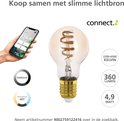 Ampoule connectée E27 avec filament en spirale visible, verre ambré, 4,9 Watt, 360 lumens, 2200-6500 Kelvin.