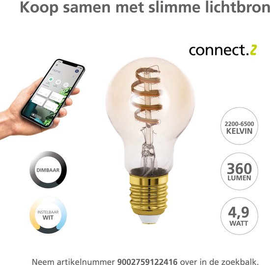 Ampoule connectée E27 avec filament en spirale visible, verre ambré, 4,9 Watt, 360 lumens, 2200-6500 Kelvin.