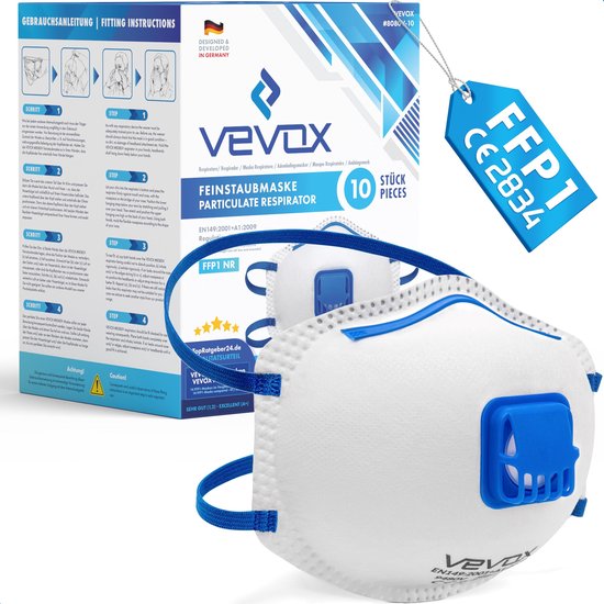 VEVOX® Stofmasker FFP1 – Set van 5, 10 of 20 – Mondkapje – Dust Mask – Masker met ventiel – Adembescherming bijv. tegen fijnstof, schuurstof of bouwstof