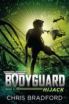 Boekcover: Bodyguard Hijack, boek 3 door Chris Bradford. Een jongen met een rugzak rent weg voor een explosie, met vliegtuigen in de lucht.