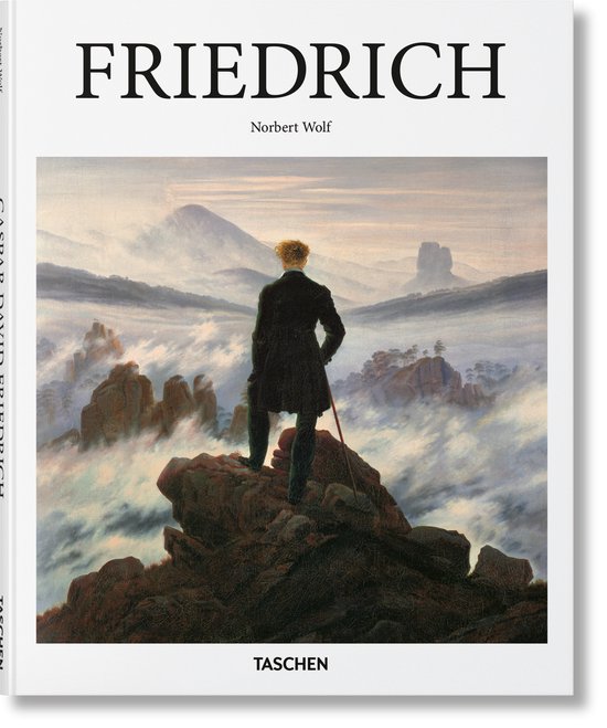 Boekcover van 'Friedrich' met een schilderij van een man op een rots die uitkijkt over een mistig landschap.
