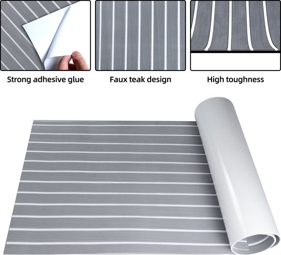 TeakFoamShop – Tapis de bateau en mousse de teck EVA Pro Series – Revêtements de sol autocollant Premium Bateaux – 240 x 60 cm – Gris clair avec lignes Witte – Durable et Luxe , antidérapant