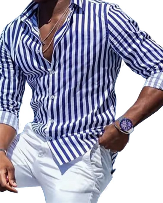 Getailleerde Heren Blouse - Paars Wit Gestreept - Slim Fit - Overhemd - Mode