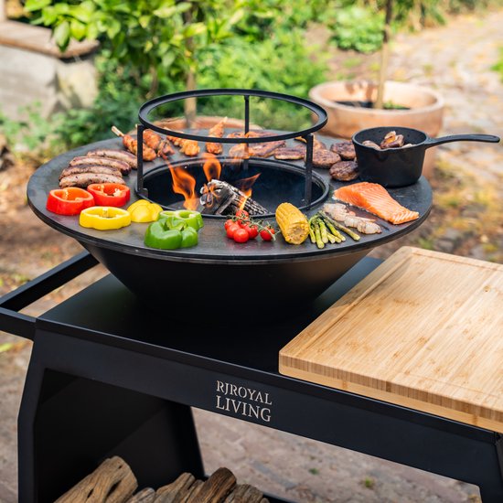 RJRoyal Living Plancha grill BBQ Big Jack Blackline 3.0 grillring en houtopslag vuurschaal buitenkeuken grillring met houten snijplank van Merkloos — afbeelding 3