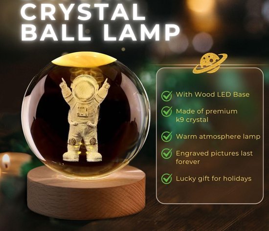 3D Kristallen Bal Astronaut - Nachtlampje - LED Glas Licht Hologram lamp met Massief Houten Basis - Nachtlamp - Cadeau idee - Verlichting - USB aansluiting - Woondecoratie van Merkloos — afbeelding 3