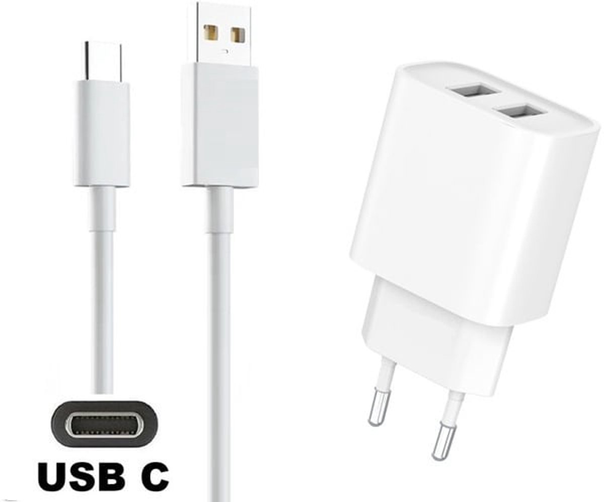 OneOne 2.4A lader met 2 poorten + 1,0m sterke USB C kabel. Standaard oplader adapter past op Samsung Galaxy A02s, A03s, A04, A05s, A13, A23, A52s, A21s, F06, Galaxy Note 7, Note 8, Note 9, F41, M33, M23, M35