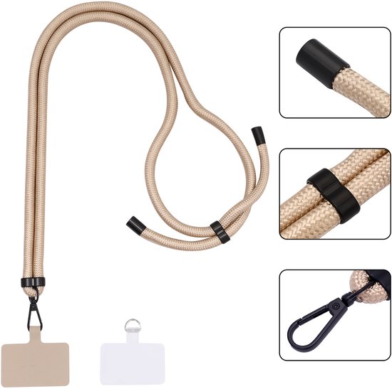 Licht gouden telefoonkoord met zwarte details en twee telefoonhangers.