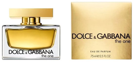 Dolce & Gabbana The One Eau de Parfum, 75ml. Glazen parfumfles met gouden dop en gouden doosje.