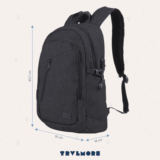 Sac à dos TRVLMORE - 25 L - 15,6 pouces - Sac à dos pour ordinateur portable avec port USB - Cartable - Homme et femme - Sac - Garantie à vie - Zwart