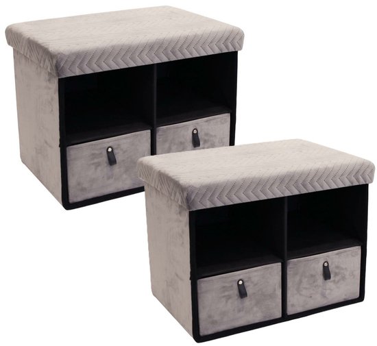 Home Deco poef/hocker met lades - 2x - opvouwbaar - stof - grijs velvet - polyester/mdf - 50 x 38 cm