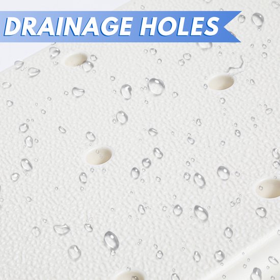 Close-up van het witte, gestructureerde zitvlak van een badzitje met waterdruppels en drainagegaten.