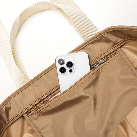 Grand sac de plage pliable et imperméable pour femme, avec poches zippées en filet, idéal pour une utilisation quotidienne au bord de la piscine - Beige