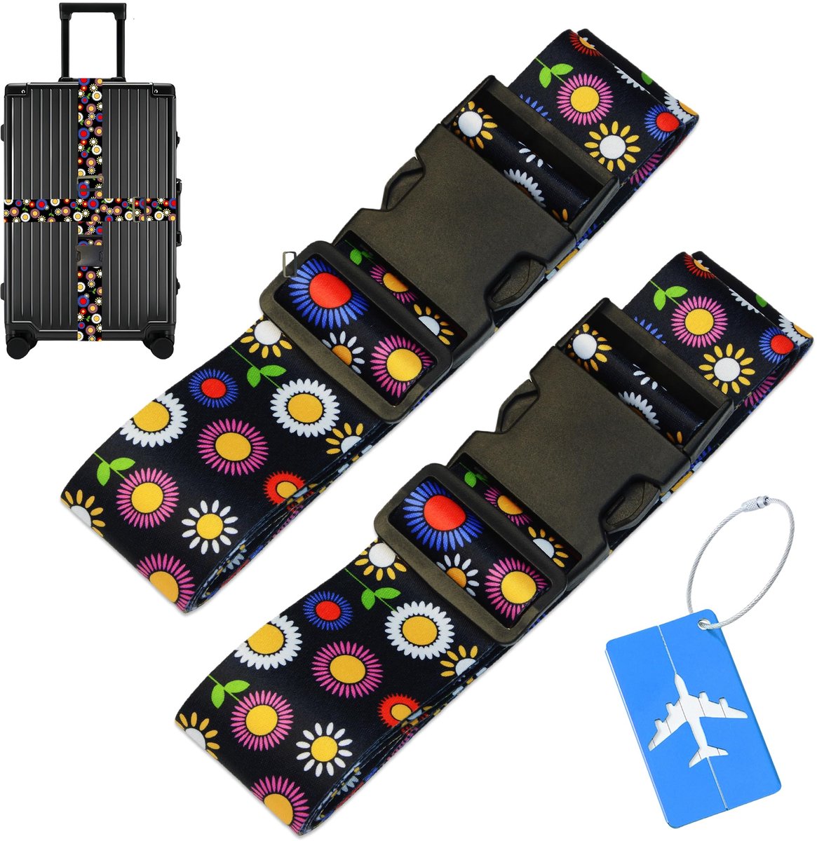 Ibenzoa® 2 kofferriemen met afsluitbare gesp, instelbaar, 5 cm breed, kleurrijke patronen