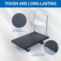 Zwarte plateauwagen met metalen handvat en blauwe wielen. Inset toont anti-slip textuur.