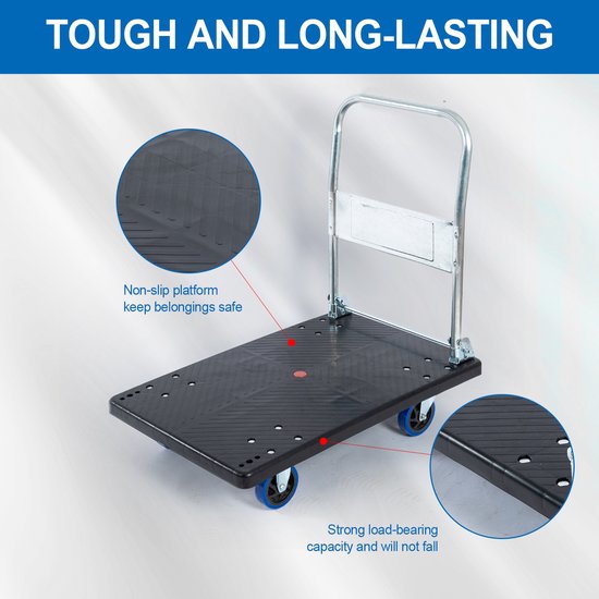 Zwarte plateauwagen met metalen handvat en blauwe wielen. Inset toont anti-slip textuur.