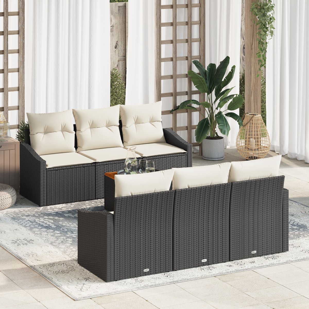 vidaXL - Tuinbank - Set - met - opslag - 7 - pcs - Zwart - en - Crème - poly - rattan