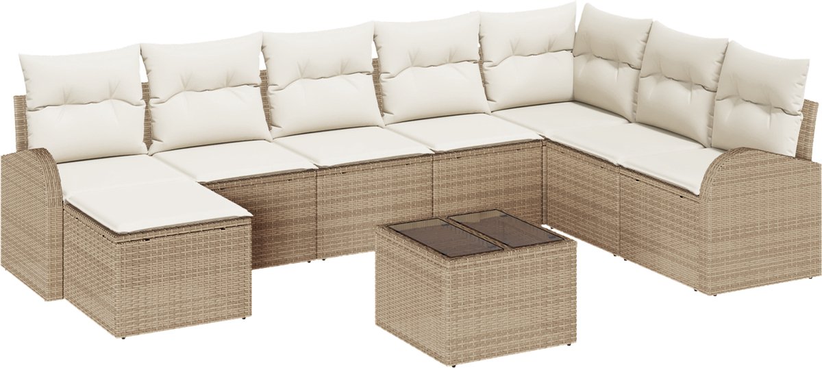 vidaXL - Tuinbank - Set - met - kussen - 9 - pcs - Beige - Poly - rattan