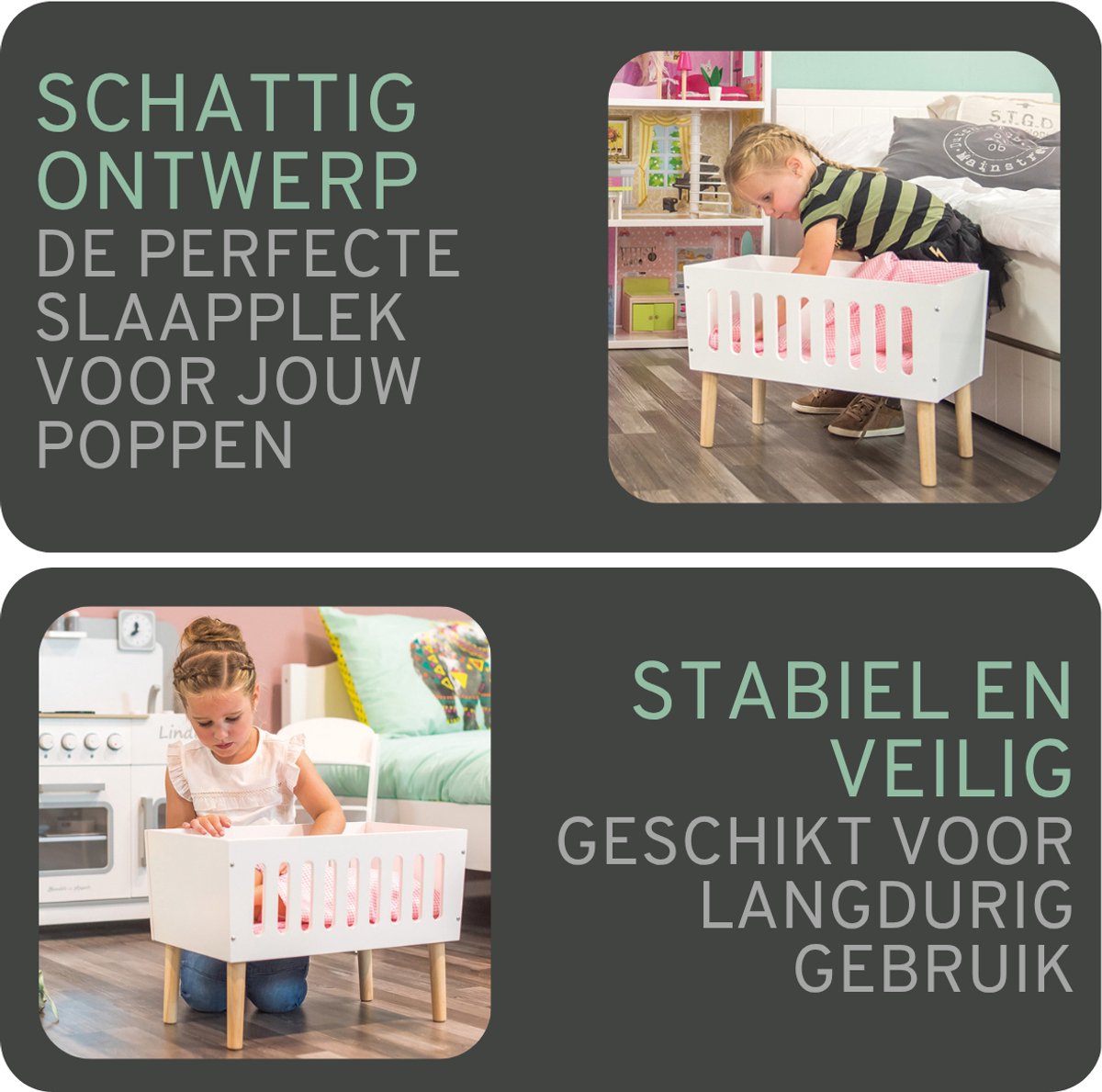 Bandits & Angels Houten Poppenbedje Sweet Dreams Wit - Poppenbed Hout - Geschikt voor Pop tot 46 cm - Inclusief Dekentje - Poppen Bed - Poppen Meubel — afbeelding 5