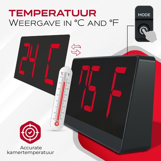 Digitale wekker met display dat 24 graden Celsius of 75 graden Fahrenheit aangeeft.