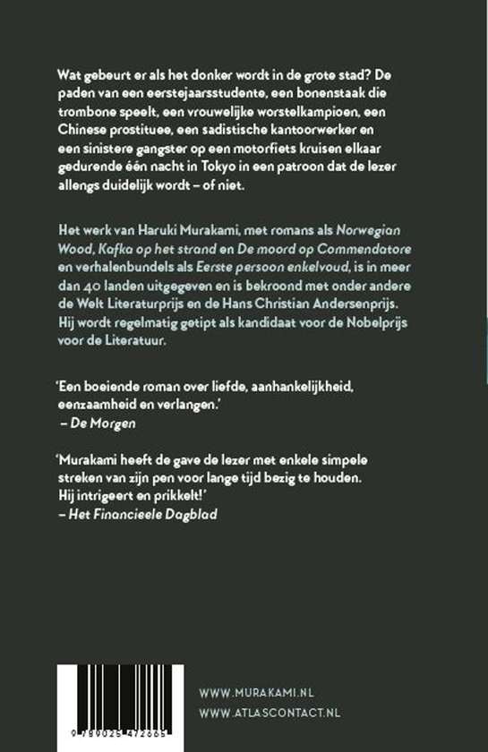 Boek kaft met tekst over Haruki Murakami. Barcode onderaan.