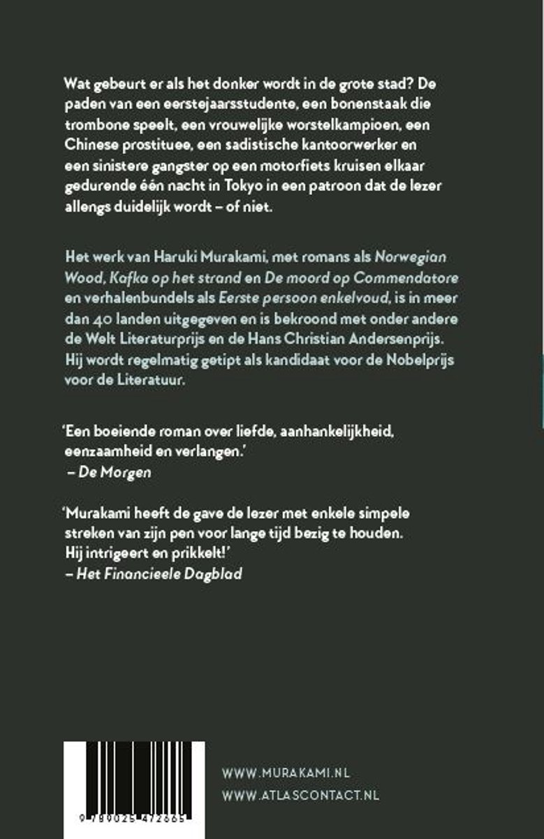 Boek kaft met tekst over Haruki Murakami. Barcode onderaan.